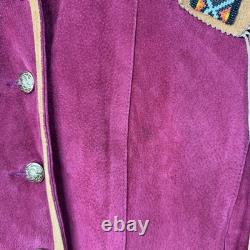 VTG Frontier Western Leather Fringe Jacket Beaded Cowgirl Rodeo Motorcycle M/L