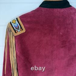 VTG Frontier Western Leather Fringe Jacket Beaded Cowgirl Rodeo Motorcycle M/L