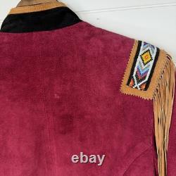 VTG Frontier Western Leather Fringe Jacket Beaded Cowgirl Rodeo Motorcycle M/L