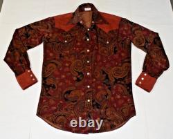 VTG Handmade Mens Western Pearl Snap Shirt Size L 70s Yoke Maroon Paisley Velour