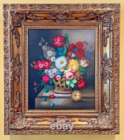 VTG LARGE FRAMED ORIGINAL M. AARON OIL PAINTING FLOWERS IN VASE 37x33 -MINT