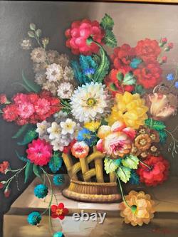 VTG LARGE FRAMED ORIGINAL M. AARON OIL PAINTING FLOWERS IN VASE 37x33 -MINT