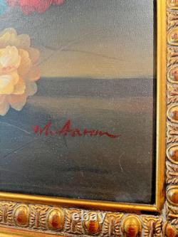 VTG LARGE FRAMED ORIGINAL M. AARON OIL PAINTING FLOWERS IN VASE 37x33 -MINT