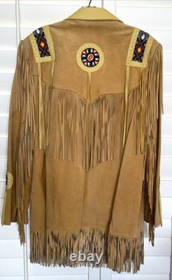 VTG LARIAT XL Western Native American Beaded Fringe Leather Jacket USA Stunnng