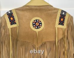 VTG LARIAT XL Western Native American Beaded Fringe Leather Jacket USA Stunnng