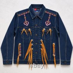 VTG NWT Western Denim Jacket Sz L Beaded Fringe Turquoise Concho Rodeo Southwest