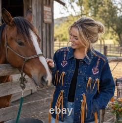VTG NWT Western Denim Jacket Sz L Beaded Fringe Turquoise Concho Rodeo Southwest