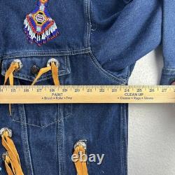 VTG NWT Western Denim Jacket Sz L Beaded Fringe Turquoise Concho Rodeo Southwest