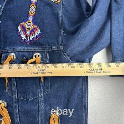 VTG NWT Western Denim Jacket Sz L Beaded Fringe Turquoise Concho Rodeo Southwest