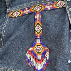VTG NWT Western Denim Jacket Sz L Beaded Fringe Turquoise Concho Rodeo Southwest