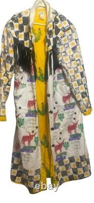 VTG Robin Brown Alpine TX Wearable Art Southwestern Trench Coat Large Long Horn