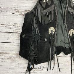 VTG Scully Biker Vest Suede Leather Concho Beaded Fringe Western Rodeo Black 42