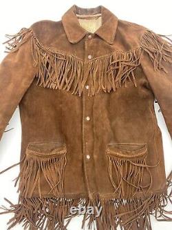 VTG True Merit Brown Suede Fringe Western Thick Rancher Coat 70s Men's