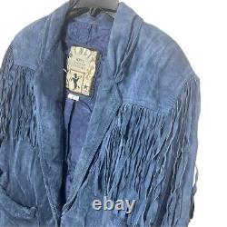 VTG WINLIT Blue Suede Leather Western Southwest Cowgirl Jacket Fringe Sz LG