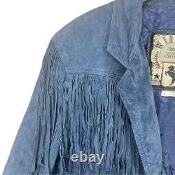 VTG WINLIT Blue Suede Leather Western Southwest Cowgirl Jacket Fringe Sz LG