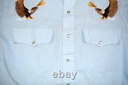 VTG Western Pearl Snap Shirt Silver Spur Tucson Size L 70s 80s Embroidery Eagles