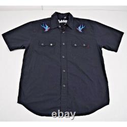 VTG Western Sawtooth Pearl Snap Shirt Size L 90s Black Blue Embroidered Birds