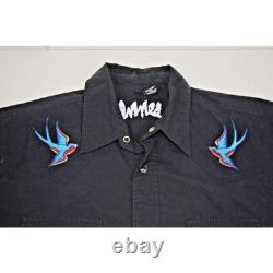 VTG Western Sawtooth Pearl Snap Shirt Size L 90s Black Blue Embroidered Birds