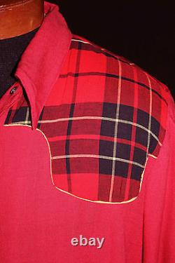 Very Rare Vintage Late 1940's Red & Plaid Gabardine Western Shirt Size Lg