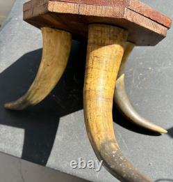 Victorian Foot Stool 3 LARGE COW HORN Legs Wooden octagonal top 1800's Handmade