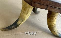Victorian Foot Stool 3 LARGE COW HORN Legs Wooden octagonal top 1800's Handmade