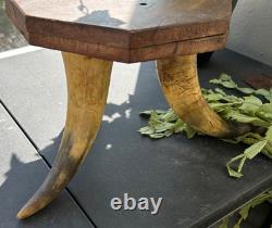 Victorian Foot Stool 3 LARGE COW HORN Legs Wooden octagonal top 1800's Handmade