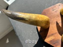 Victorian Foot Stool 3 LARGE COW HORN Legs Wooden octagonal top 1800's Handmade