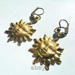 Vintage 14k Yellow Gold Large Textured Sun Face Dangle Earrings Celestial 4.2g