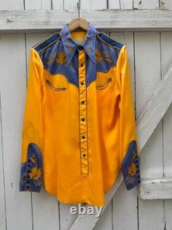 Vintage 1940s Frank H. Kelly Satin Western Rodeo Shirt Large Floral Chainstiched