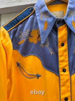Vintage 1940s Frank H. Kelly Satin Western Rodeo Shirt Large Floral Chainstiched