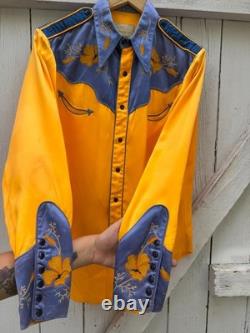 Vintage 1940s Frank H. Kelly Satin Western Rodeo Shirt Large Floral Chainstiched