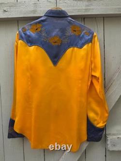 Vintage 1940s Frank H. Kelly Satin Western Rodeo Shirt Large Floral Chainstiched
