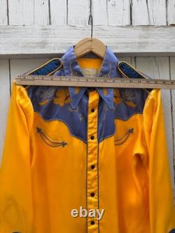 Vintage 1940s Frank H. Kelly Satin Western Rodeo Shirt Large Floral Chainstiched