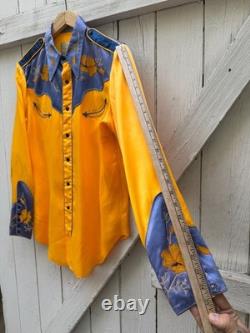 Vintage 1940s Frank H. Kelly Satin Western Rodeo Shirt Large Floral Chainstiched
