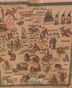 Vintage 1950s Large Fabric Cloth Wyoming State Tablecloth Map Western Cowboy