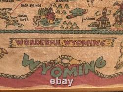 Vintage 1950s Large Fabric Cloth Wyoming State Tablecloth Map Western Cowboy