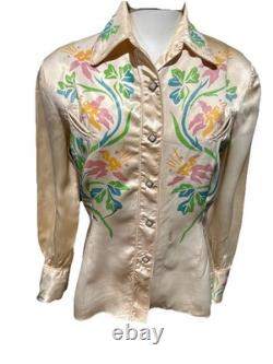Vintage 1950s Ranch Maid Western Shirt Diamond Shape Pearl Snaps Satin Floral 12