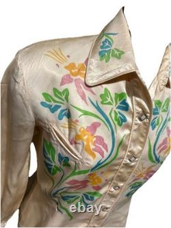 Vintage 1950s Ranch Maid Western Shirt Diamond Shape Pearl Snaps Satin Floral 12
