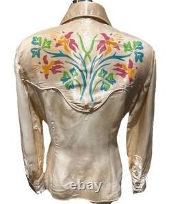 Vintage 1950s Ranch Maid Western Shirt Diamond Shape Pearl Snaps Satin Floral 12