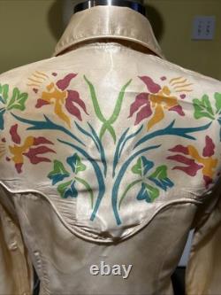Vintage 1950s Ranch Maid Western Shirt Diamond Shape Pearl Snaps Satin Floral 12