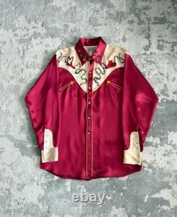 Vintage 1950s Saddle Champ Western Satin Pearl Snap Button Up Shirt Chainstitch