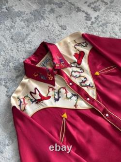 Vintage 1950s Saddle Champ Western Satin Pearl Snap Button Up Shirt Chainstitch