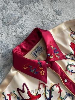 Vintage 1950s Saddle Champ Western Satin Pearl Snap Button Up Shirt Chainstitch