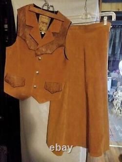 Vintage 1970's suede leather western set skirt with vest