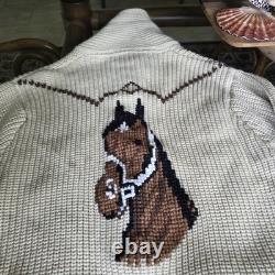 Vintage 1970s Miller Outer Wear Wester Large Cowichan Style Horse Knit Cardigan