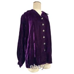 Vintage 1970s Purple Velvet Silver Concho W Turquoise Button Long Sleeve Top