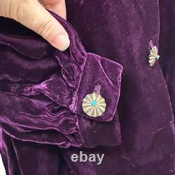 Vintage 1970s Purple Velvet Silver Concho W Turquoise Button Long Sleeve Top