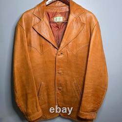 Vintage 1970s Tan Genuine Leather Western Blazer Coat Made in Mexico 44 Tijuana