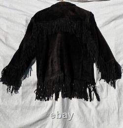 Vintage 1980s Black Suede Fringe Jacket Large Unisex Hippy Mod Western