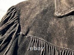 Vintage 1980s Black Suede Fringe Jacket Large Unisex Hippy Mod Western